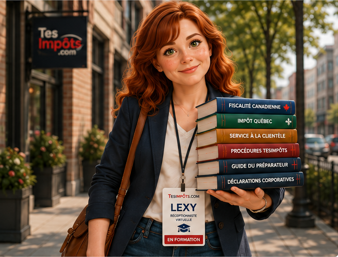 Lexy, réceptionniste virtuelle de TesImpôts.com, en formation avec ses livres
